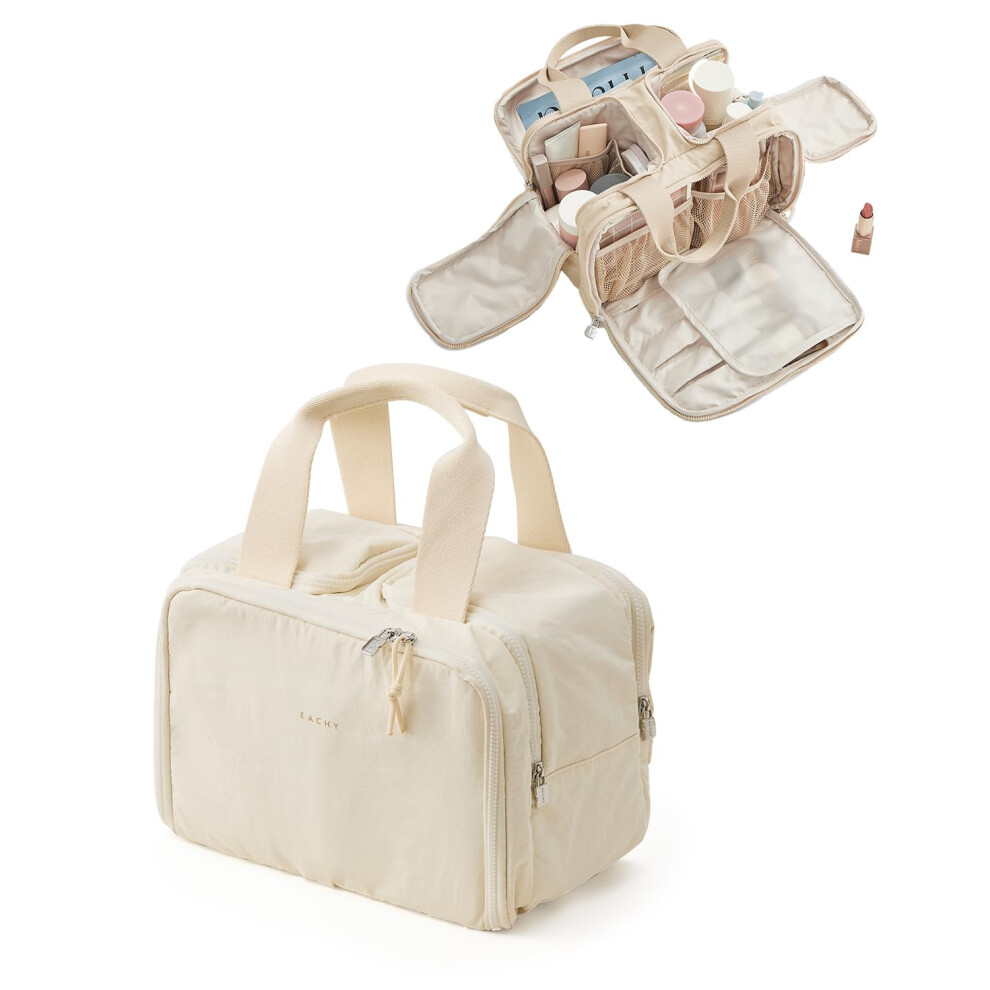Large Capacity Travel Makeup Bag for Women, Waterproof Cosmetic Organizer with Handle, Beige