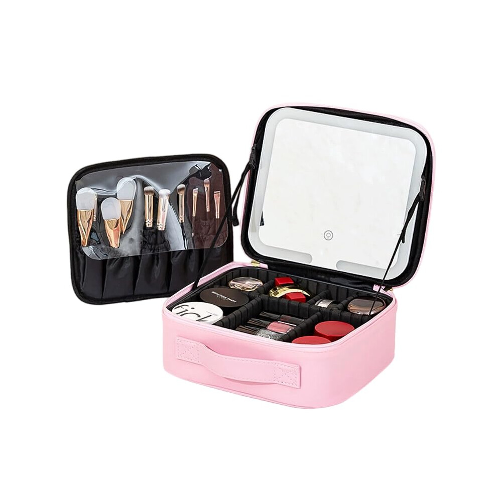 Makeup Travel Case with LED Mirror, PU Leather Cosmetic Organizer Bag with Brush Holder, Pink