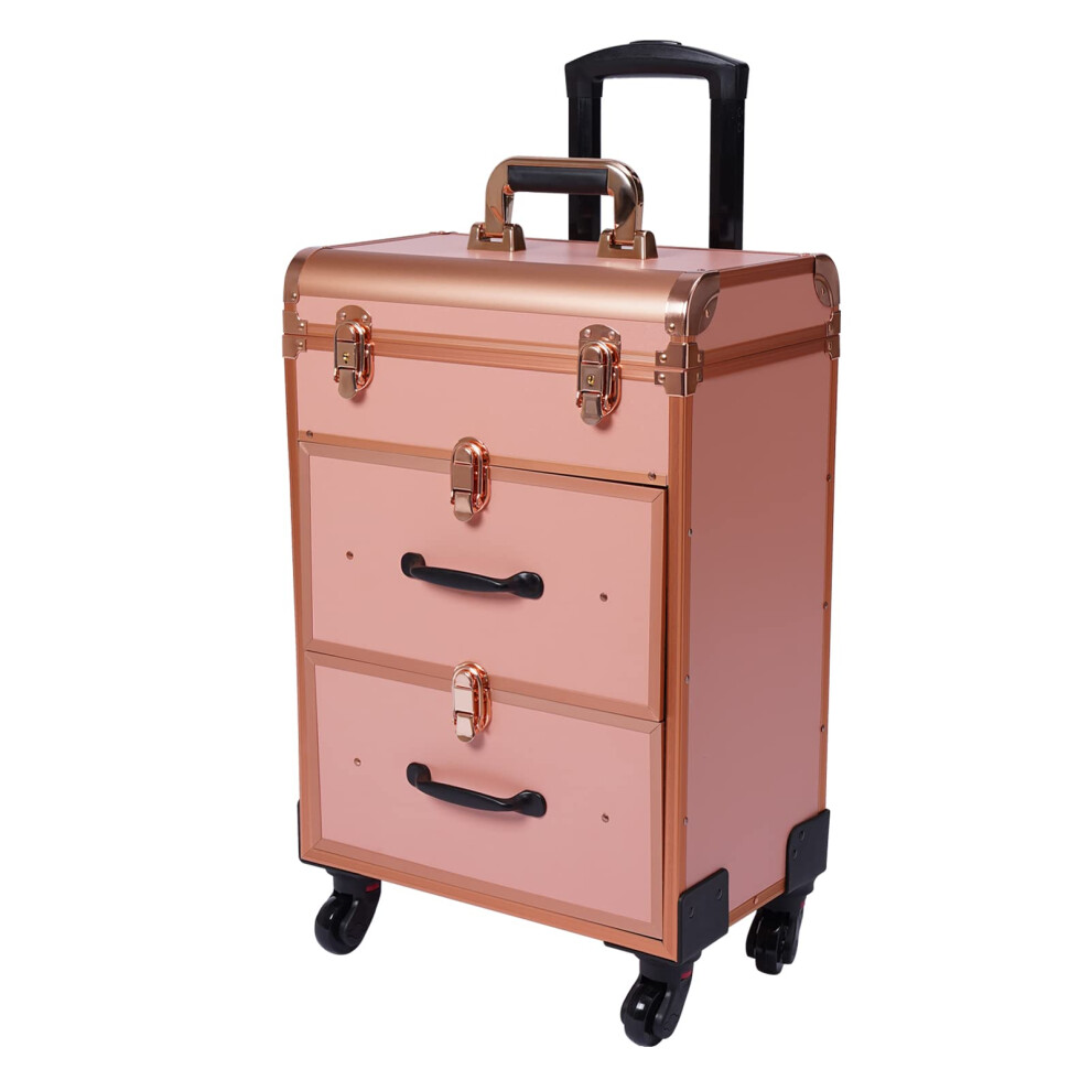 Gold Rose Makeup Train Case With Drawers, Lockable Rolling Cosmetic Organizer For Hair Stylists