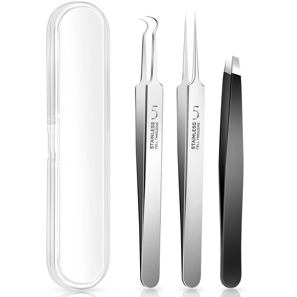3PCS Blackhead Remover Tweezers Set, Stainless Steel Pimple Popper Kit for Ingrown Hair and Facial Blemish Extraction