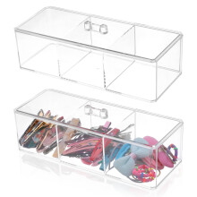 Clear Cotton Swab Holder with 3 Compartments, Acrylic Bathroom Vanity Organizer with Lid, 2 Pack
