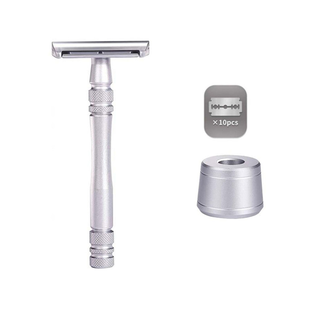 Silver Safety Razor With 10 Double Edge Blades, Ecofriendly Metal, Smooth Close Shave, With Base