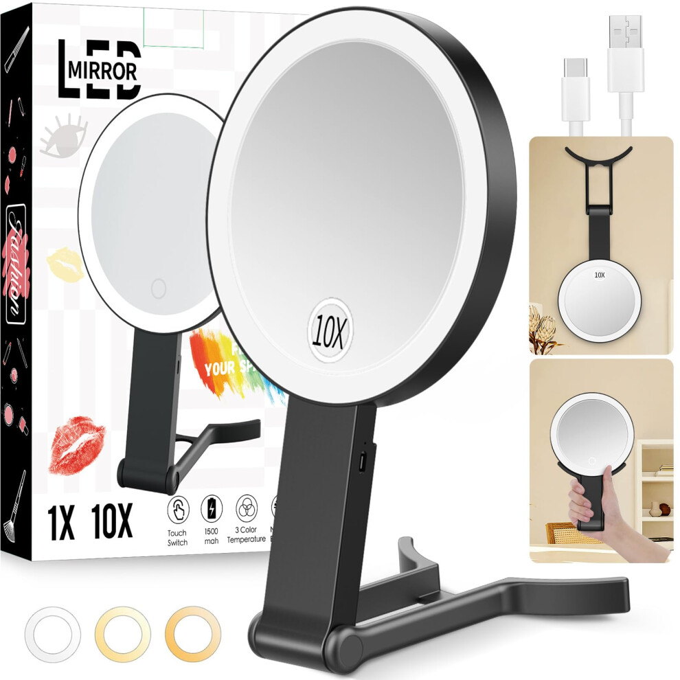 Lighted Travel Makeup Mirror 10X/1X Double Sided with Dimmable 3 Color LED and Rechargeable Battery