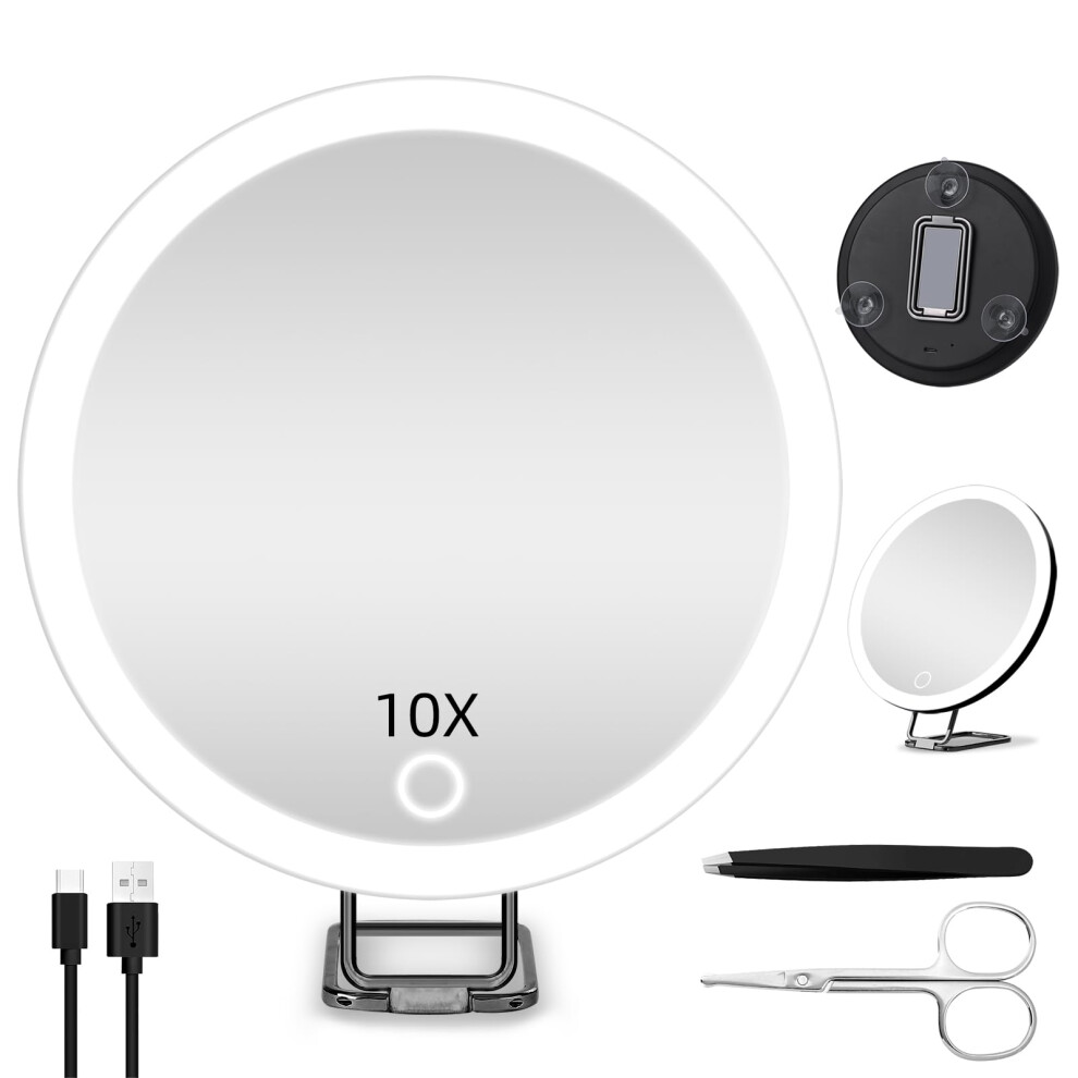 Lighted Makeup Mirror 10X Magnification with Adjustable Stand, Rechargeable and Triple Suction Cups