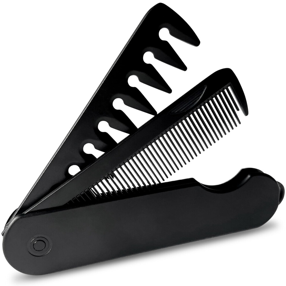 2in1 Men's Folding Pocket Comb with Wide and Fine Teeth for Hair and Beard Grooming  Black