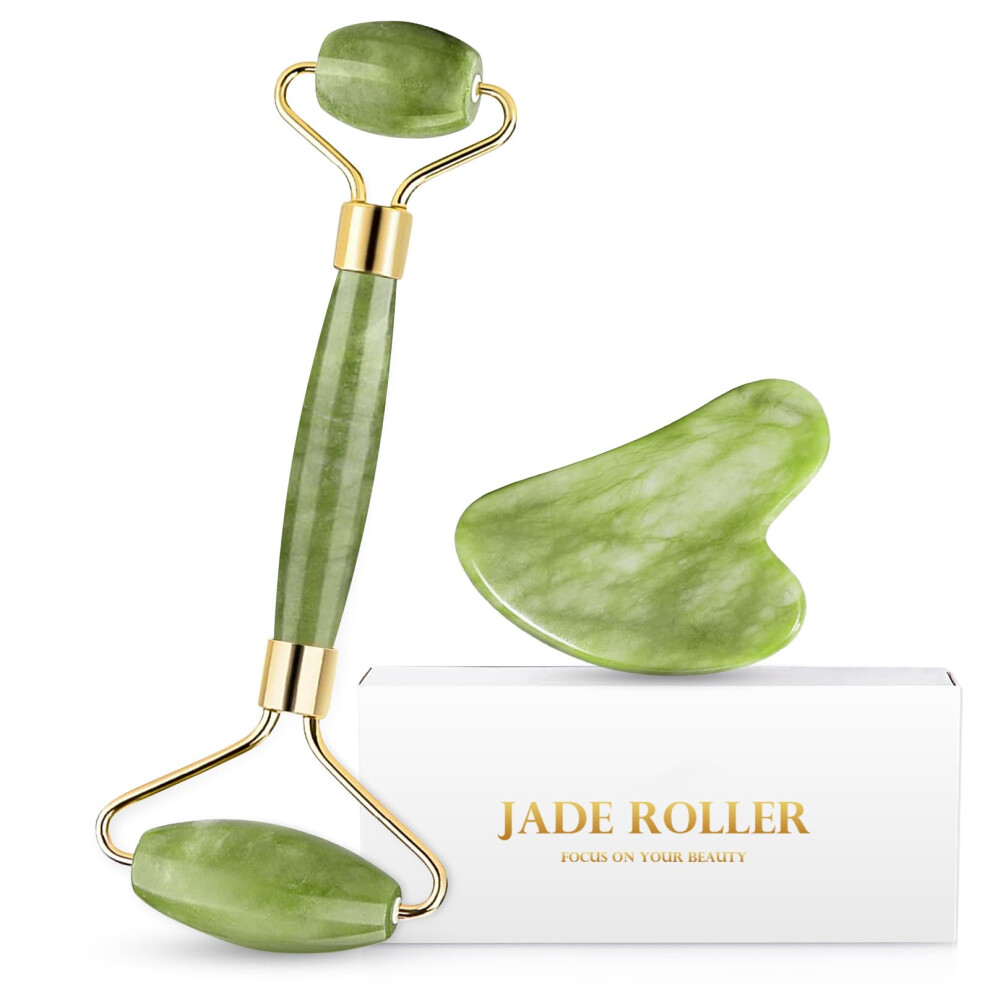 Jade Roller and Gua Sha Set for Face and Neck, Reduce Puffiness and Wrinkles, Skin Tightening