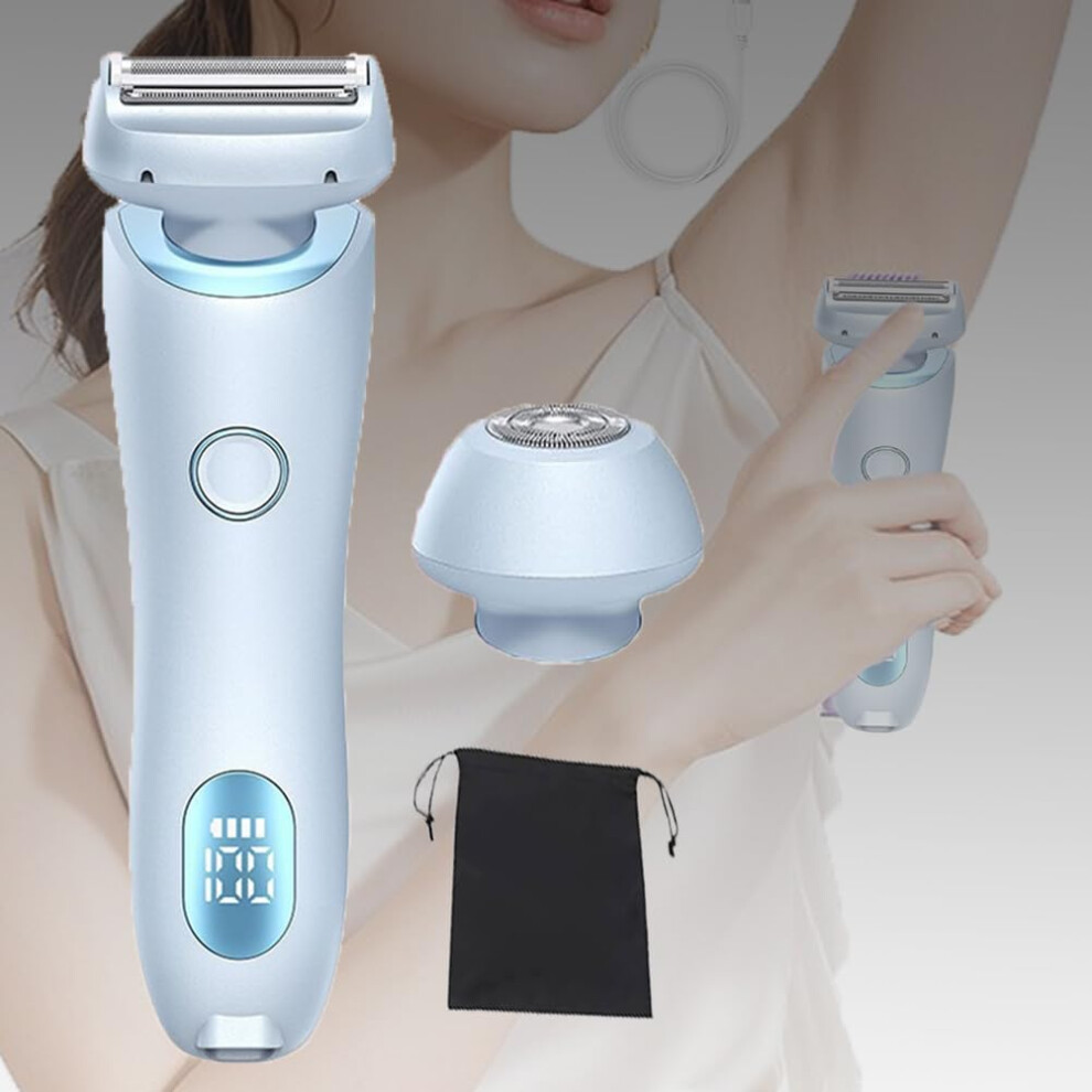 Electric Shaver for Women Dual Head IPX7 Waterproof Razor Bikini Trimmer Wet Dry Rechargeable Blue