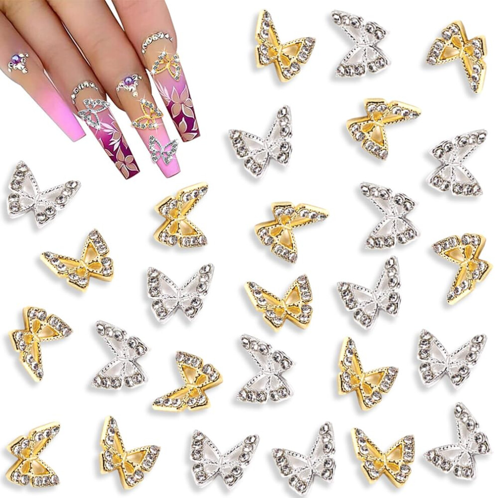 Gold/Silver Butterfly Nail Charms 40Pcs 3D Alloy With Rhinestones For Nail Art And Diy Crafts