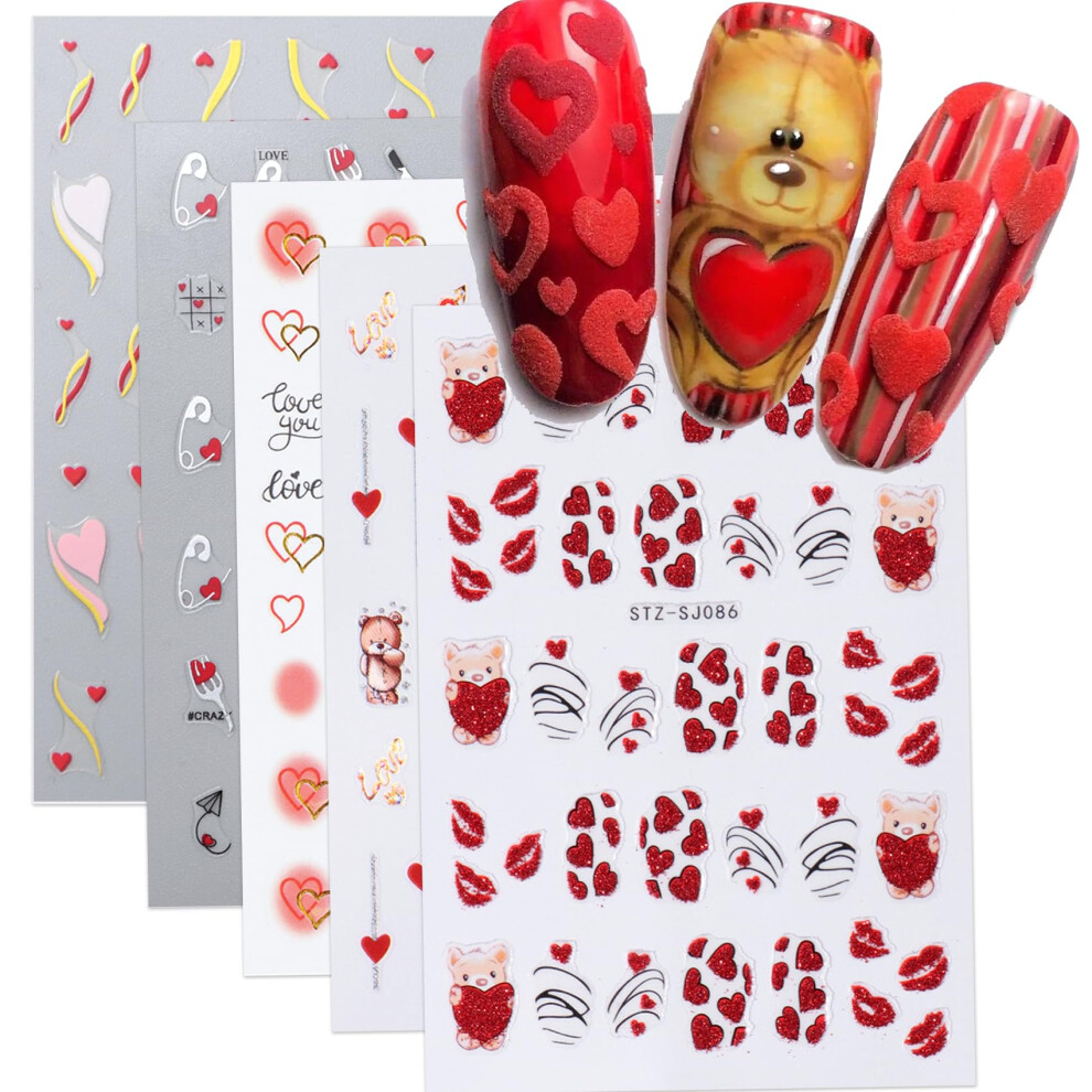 Valentine's Day Nail Stickers SelfAdhesive Heart Love Art Decals for Women DIY Nails 5 Sheets