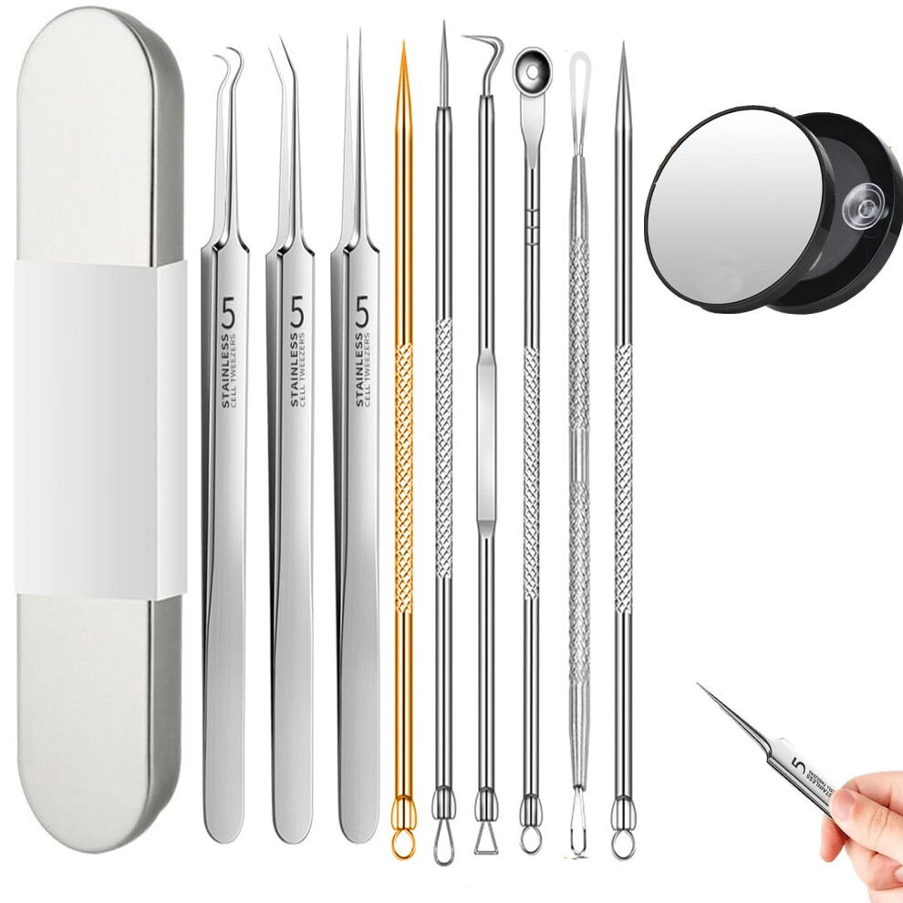 Blackhead Remover Kit with 15x Magnifying Mirror, Stainless Steel Pimple Popper Tool Set in Case