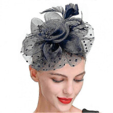 (Navy Blue, China) Charming Pillbox Hat Tight Stable Mesh Flower Feather Decor Party Headwear Headdress Party Headwear Hair Accessories
