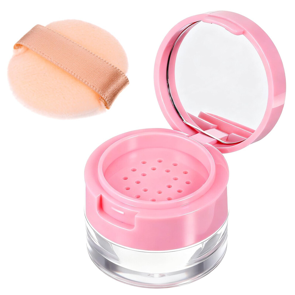Pink Loose Powder Container With Puff And Mirror, Refillable Travel Makeup Compact, Spillproof Design