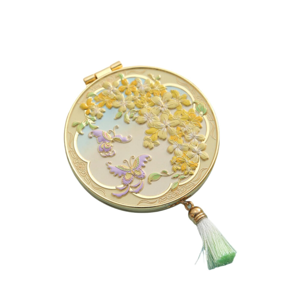 Chinese Handheld Mirror with Vintage Chinese Artwork and Tassel Accent, Compact Travel Gift Yellow