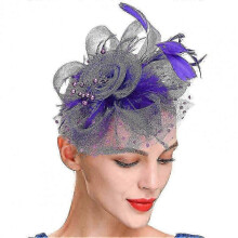 (Dark Purple, China) Charming Pillbox Hat Tight Stable Mesh Flower Feather Decor Party Headwear Headdress Party Headwear Hair Accessories