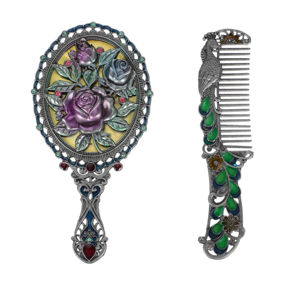 Vintage Handheld Mirror and Comb Set Antique Zinc Alloy Retro Floral Design Unique Gift Idea