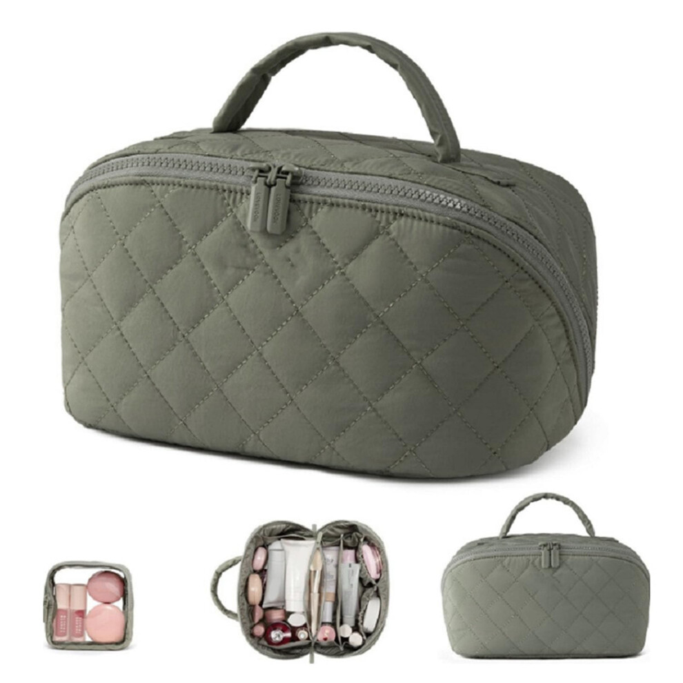 Lay Flat Waterproof Travel Makeup Bag for Women with 5 Compartments and Brush Holder Green