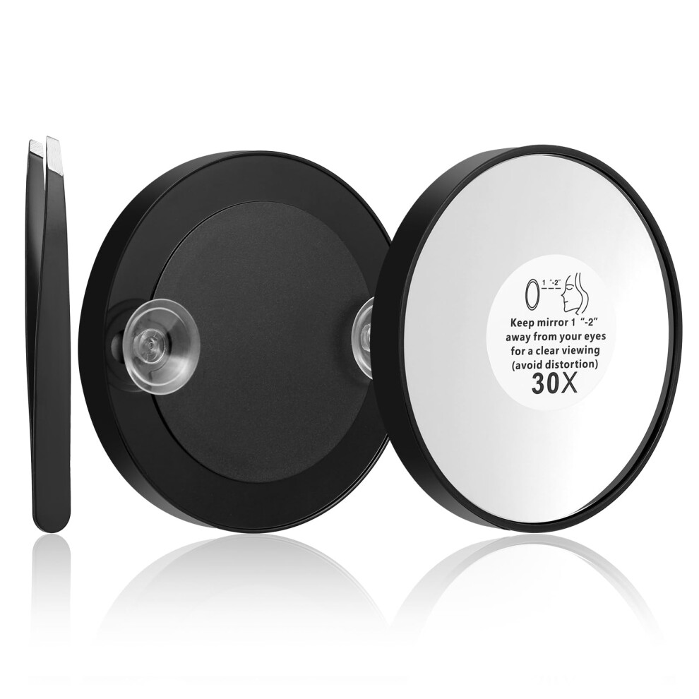 30X Magnifying Makeup Mirror with Suction Cup, 3.5 Inch Travel Mirror with Precision Tweezers