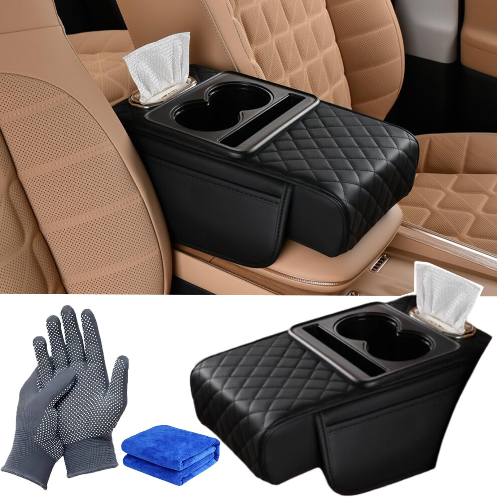 Car Armrest Box Organizer Pu Leather 5In1 Console Pad With Cup Holder Tissue Box Side Pockets Black 9426802843460