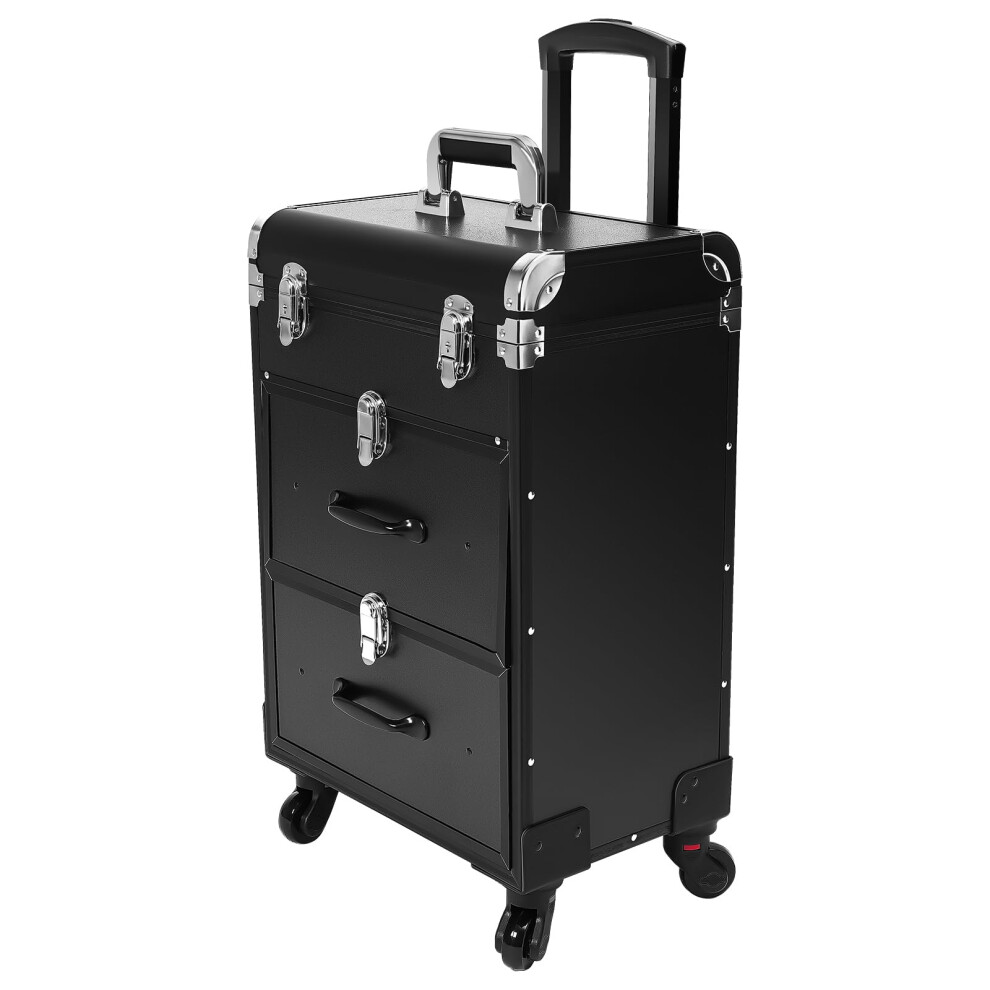 Makeup Train Case with Wheels and Locks, Large Aluminum MultiLayer Cosmetic Trolley for Professionals