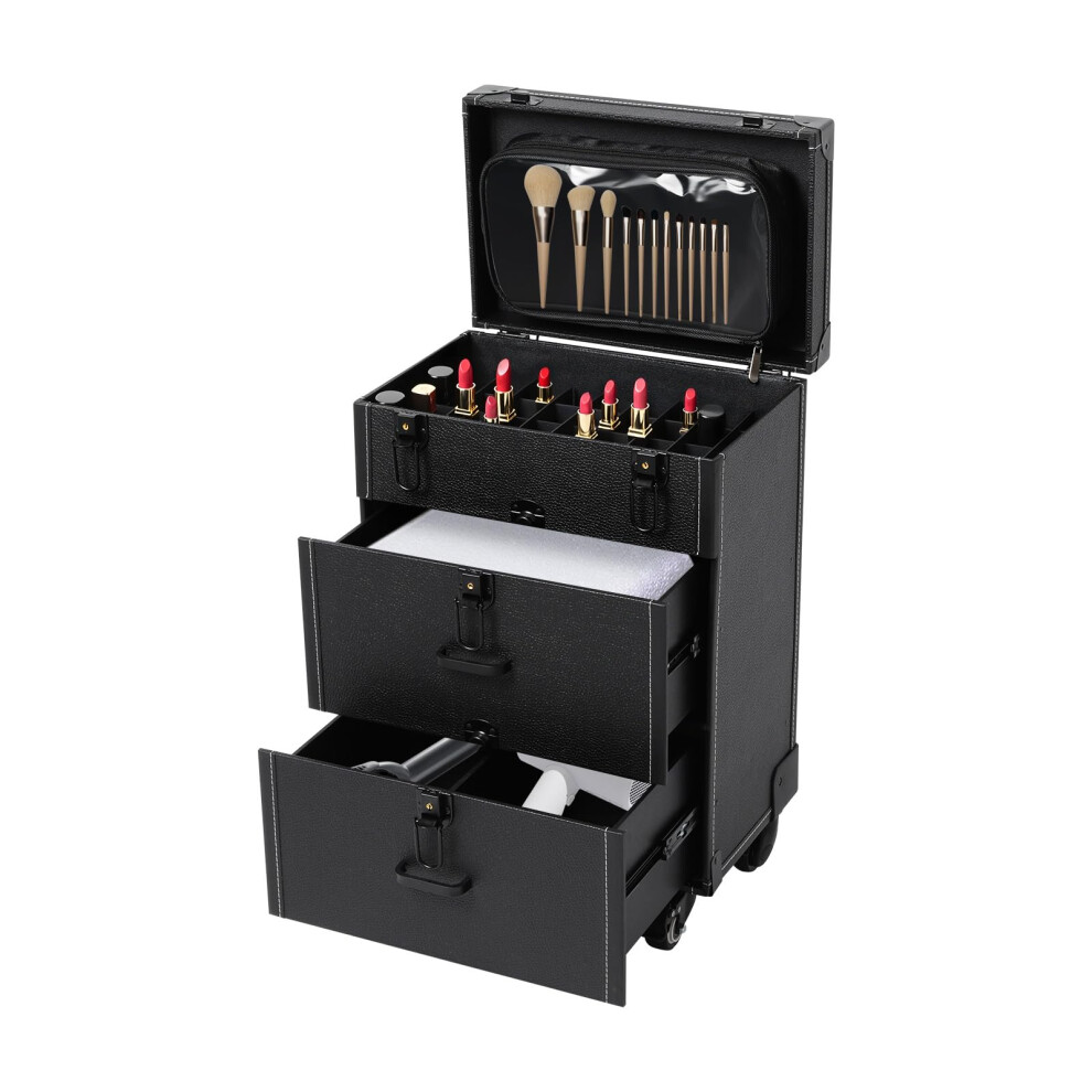 Professional Makeup Case with Wheels, Lockable Large Capacity Trolley Organizer for Makeup Artists