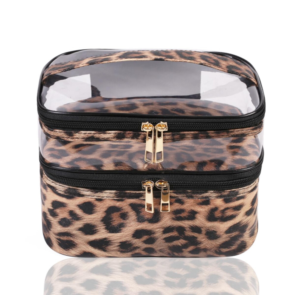 Brown Large Capacity Waterproof Double Layer Travel Makeup Bag With Brush Storage, Leopard