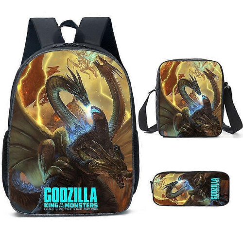 Godzilla Backpack Anime Cartoon Student School Bag 3 Pieces Set Y