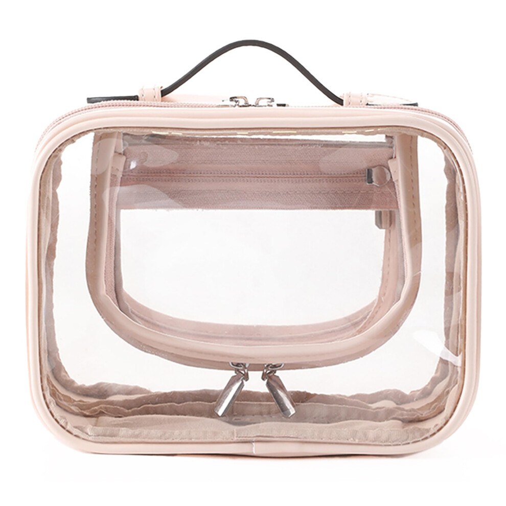 TSA Approved Clear Toiletry Bag Waterproof Leather Double Layer Makeup Organizer for Women Medium Pink