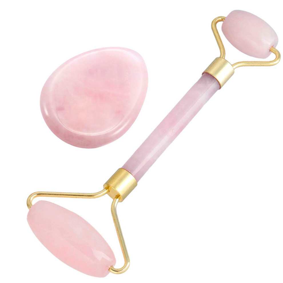 Rose Quartz Jade Facial Roller and Worry Stone Set for AntiAging Skin Care and Puffiness Relief