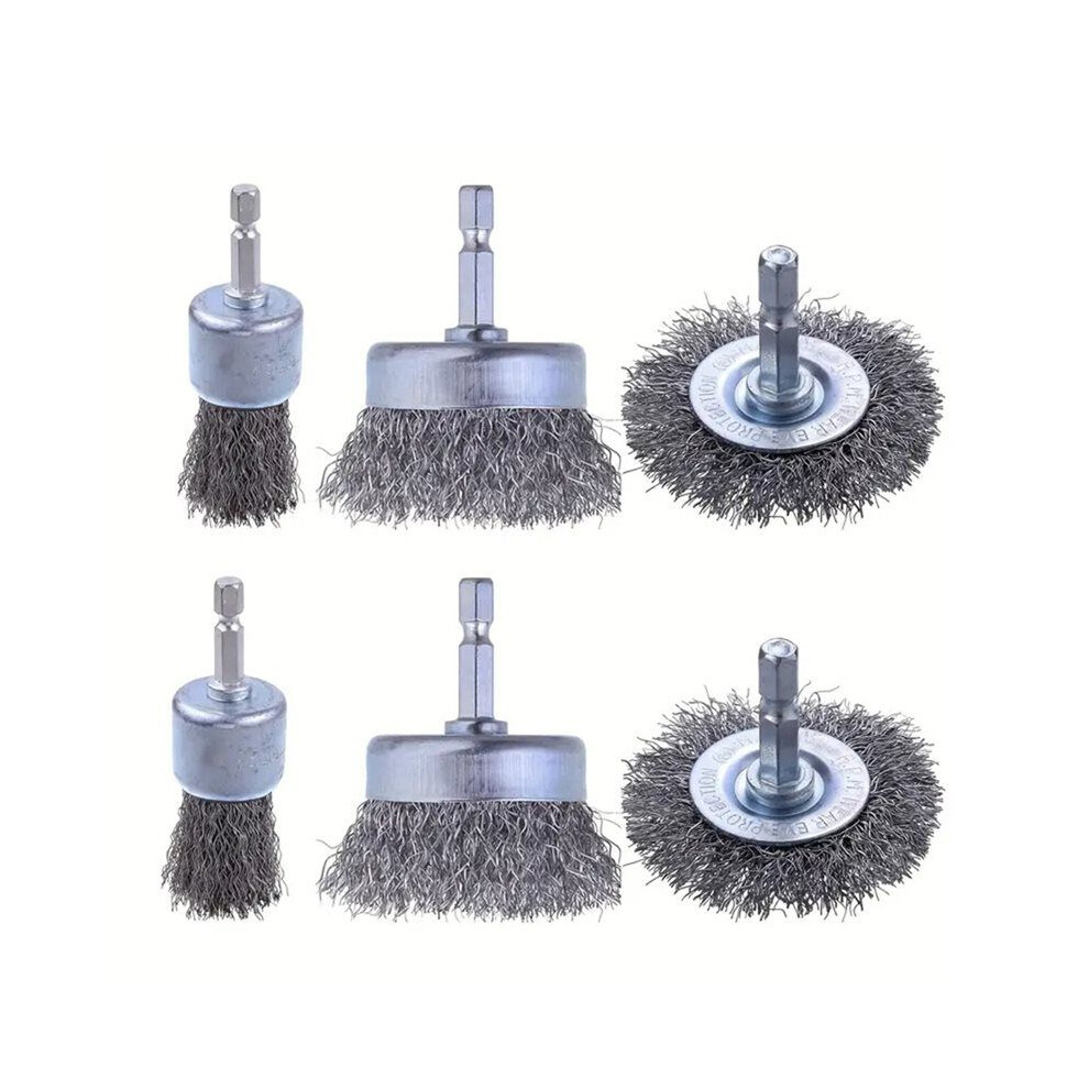 6Pcs Abrasive Wire Wheel Wire Brush 1/4In Hex Shank Crimped Carbon Steel Wire Brush Drill Attachment For Rust Removal 6131555033138