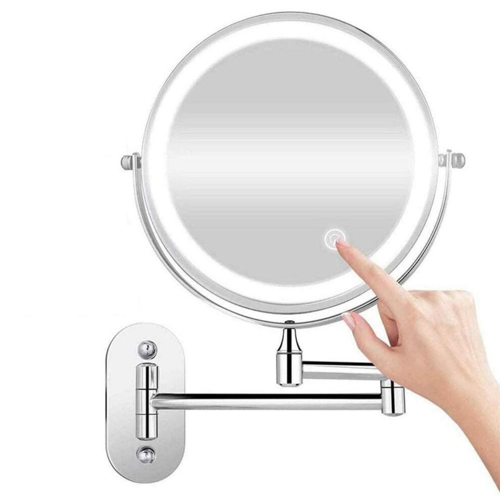 LED Wall Mounted Makeup Mirror 8 Inch Dual Magnification 1X 10X Touch Sensor Lighted Swivel Adjustable