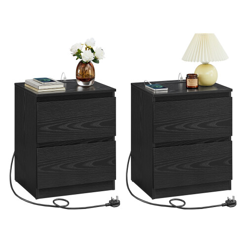Set of 2 Nightstands with Charging Station, Bedside Tables with Drawers, Side End Tables, for Bedroom, Black