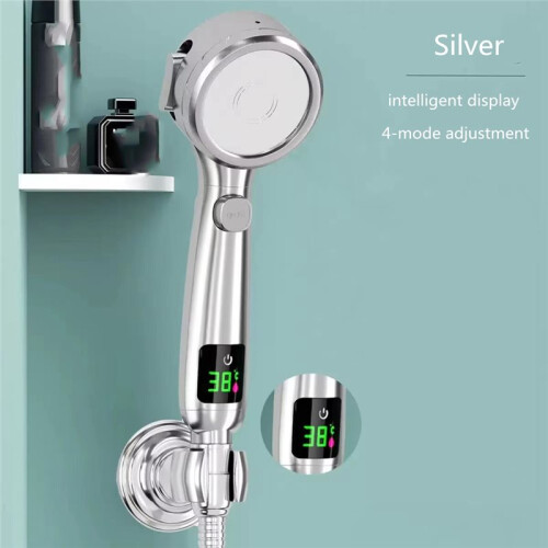 High Pressure Handheld Bathroom Shower  Water Saving Showerhead Adjustable Gush Digital Temperature Display Silver 1