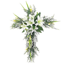 20 Inch Easter Cross Wreath with Artificial Lilies and Purple Mesh, Ideal for Spring Holiday Floral Decor at the Front Door