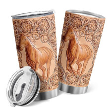 Imitation Wood Carved Horse Tumbler 20oz Stainless Steel Vacuum Travel Cup with Lid for Certain Brand