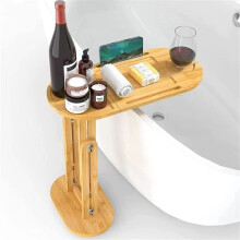 Bamboo Bathtub Tray with Adjustable Height, Freestanding Bath Caddy with Wine Glass Holder