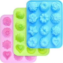 Food Grade Silicone Moulds, Flower and Heart Shape, Non-Stick Moulds for Treats and Ice Cubes (Pink, Blue and Green)