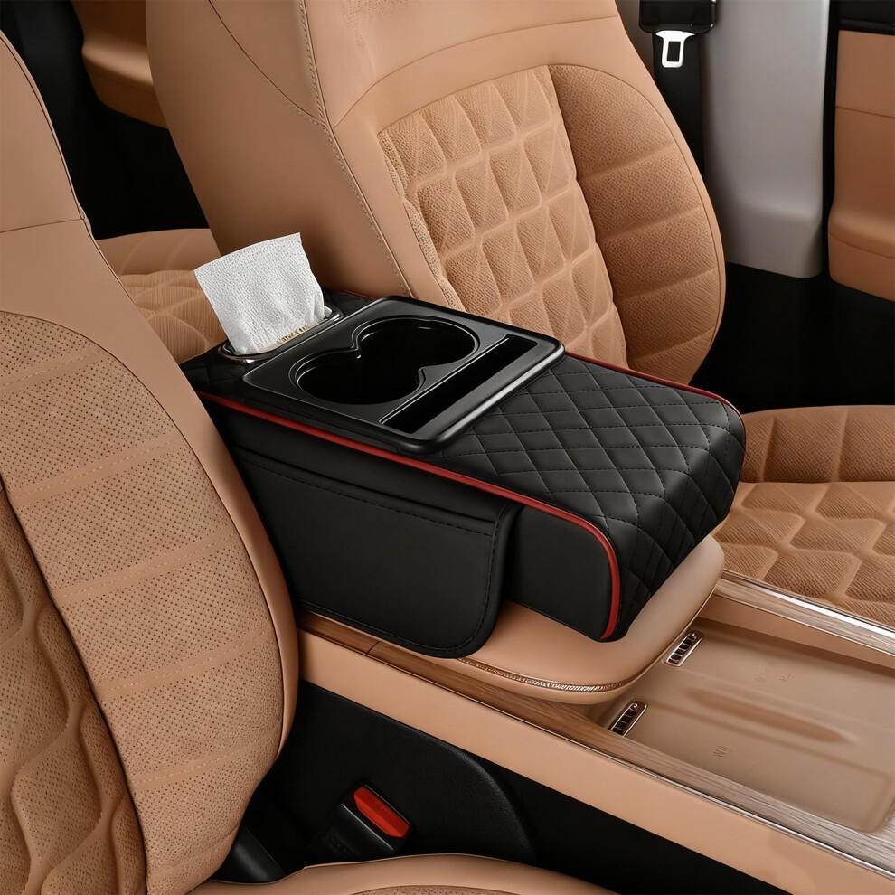 Car Armrest Organizer 5In1 Pu Leather Cushion With Cup Holder Storage Bags Memory Foam Black/Red 9001264012663