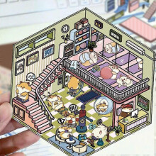 (Fitness Mouse Club) Cartoon landscape stickers, cute miniature world, 3D stereoscopic house, stress-relieving DIY scene journal stickers
