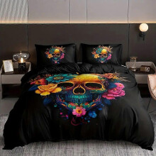 (200*220 (three-piece set)) Gothic skull floral bedding set, soft down duvet cover, three-piece set, 3D digital printing set.