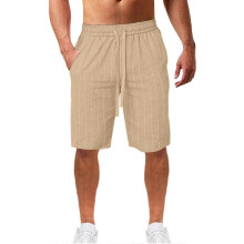 (M) Men's vertical striped drawstring elastic waist cotton and linen beach pants casual shorts A714