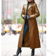 (S, brown) Hot selling women's button leather jacket, long coat, slim fit, large size leather trench coat