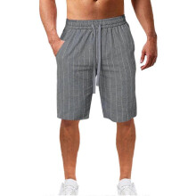 (3XL) Men's vertical striped drawstring elastic waist cotton and linen beach pants casual shorts A714