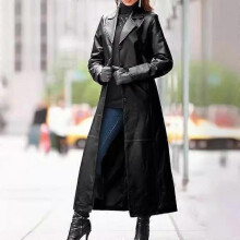 (M, black) Hot selling women's button leather jacket, long coat, slim fit, large size leather trench coat