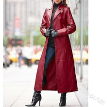 (3XL, red) Hot selling women's button leather jacket, long coat, slim fit, large size leather trench coat