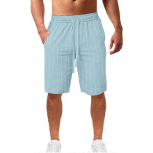 (3XL) Men's vertical striped drawstring elastic waist cotton and linen beach pants casual shorts A714