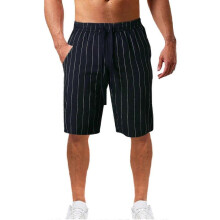 (XL) Men's vertical striped drawstring elastic waist cotton and linen beach pants casual shorts A714