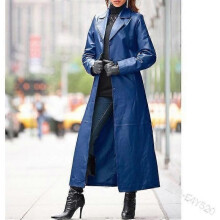 (4XL, blue) Hot selling women's button leather jacket, long coat, slim fit, large size leather trench coat
