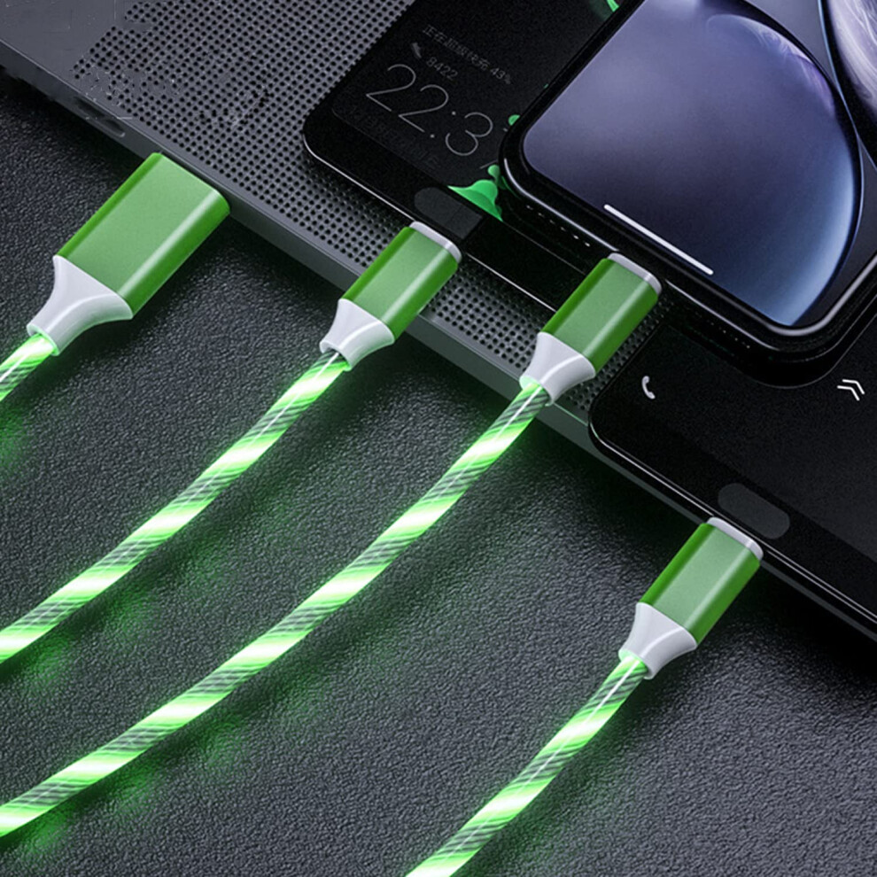 3In1 Led Usb Cable, 1.2M, Flowing Led, Fast Charge, Android, Usb Typec, Micro Usb, Smartphone And Tablet, Green 9001264015237