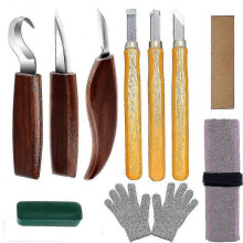 10pcs Wood Carving Tools Kit with 3 Chisels, 3 Knives, Gloves, Storage Bag, Professional Tool for Wood Craft