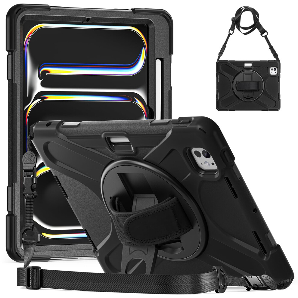 Case For Ipad Pro 11Inch M4 2024 5Th, Shockproof With Rotating Kickstand, Hand Strap, Pencil Holder, Shoulder Strap, Black 9001264015718